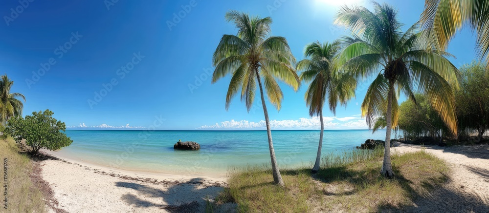 Idyllic tropical beach scene with swaying palm trees under a clear blue sky and calm turquoise waters, perfect for relaxation and travel. Idyllic tropical beach scene with swaying palm trees under a clear blue sky and calm turquoise waters, perfect for relaxation and travel.