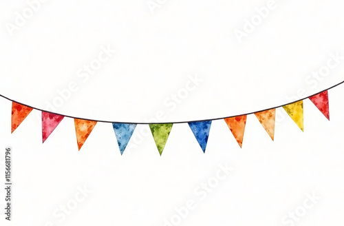 Bright multi-colored triangular flags on a white background. Holiday decor.