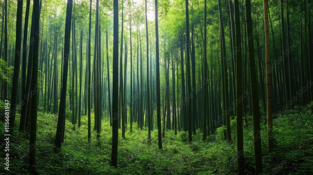 Fototapeta premium Lush bamboo forest with tall Asian plantain trees creating a serene and tranquil natural environment under soft sunlight.