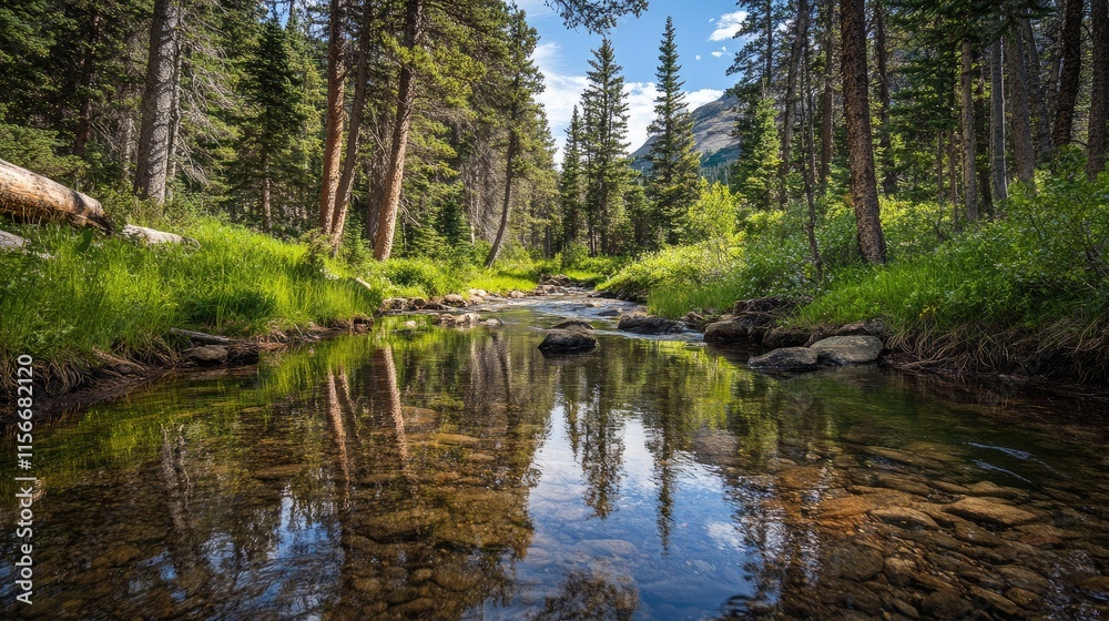 Serene Forest Scene with Trees Reflecting in Calm Stream Waters Under a Bright Sky Serene Forest Scene with Trees Reflecting in Calm Stream Waters Under a Bright Sky