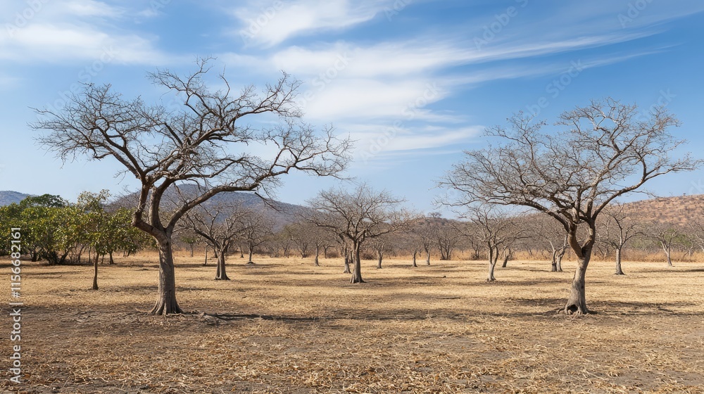 Fototapeta premium Tropical trees in dry season showcasing bare branches yet retaining life amidst harsh weather conditions in a serene landscape.