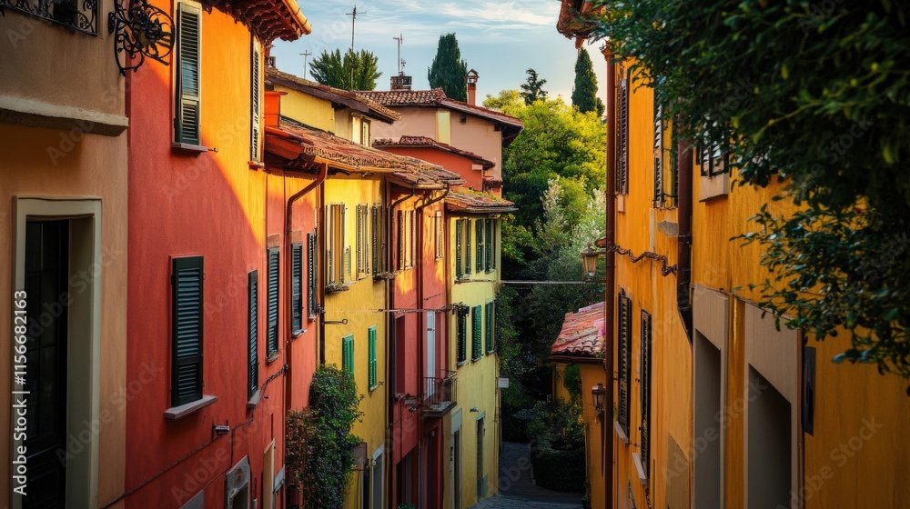 Fototapeta premium Colorful buildings lining a serene street in a peaceful town. The sunset casts a warm glow on the vibrant walls.