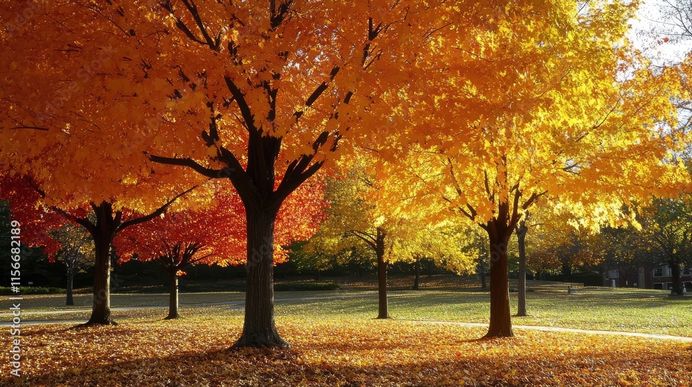 Vibrant autumn trees showcasing colorful foliage in an urban public park setting. Vibrant autumn trees showcasing colorful foliage in an urban public park setting.