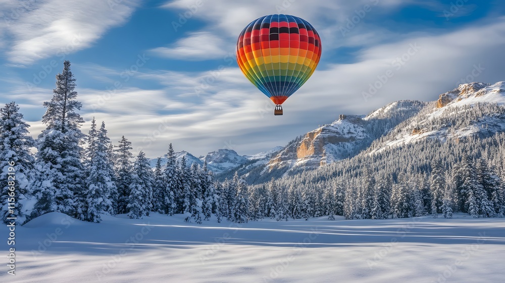 Colorful Hot Air Balloon Soaring Over Snowy Mountain Landscape Colorful Hot Air Balloon Soaring Over Snowy Mountain Landscape