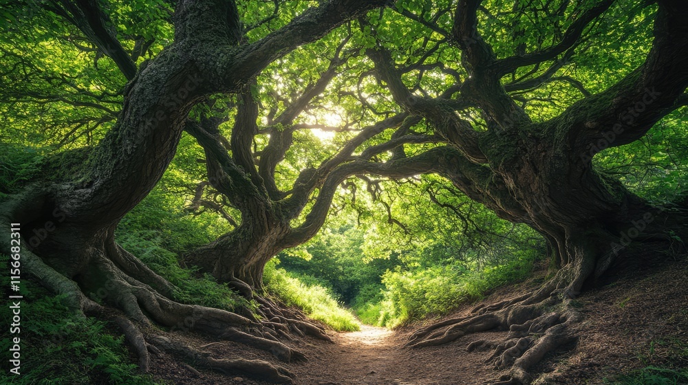 Majestic ancient trees framing a sunlit pathway in a lush forest captured during golden hour tranquility