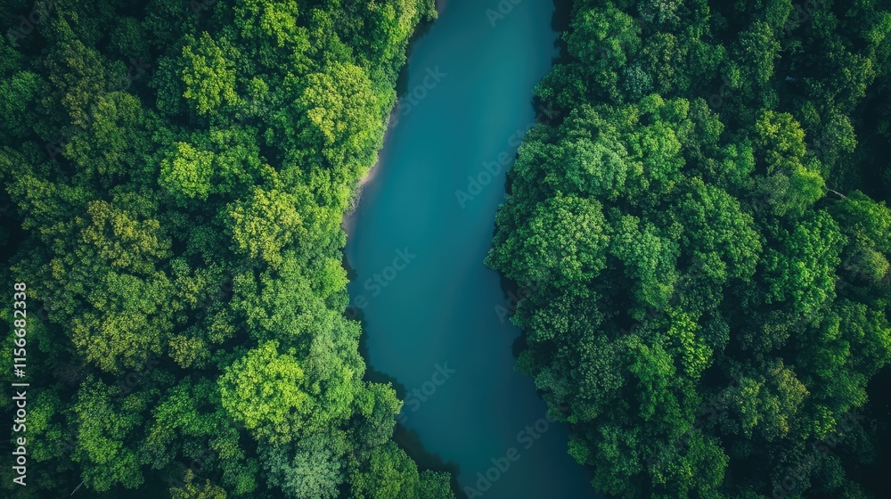 Aerial view of a winding river surrounded by lush green trees in a serene natural landscape. Aerial view of a winding river surrounded by lush green trees in a serene natural landscape.
