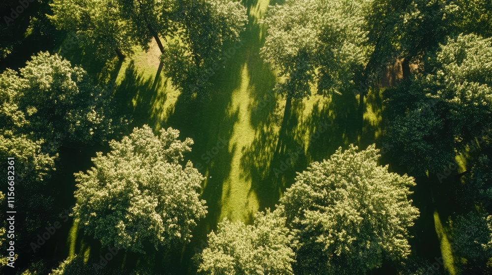 Fototapeta premium Aerial view of lush green trees casting shadows in a vibrant summer park landscape under bright sunlight