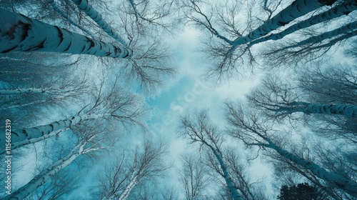 Winter forest landscape with bare birch trees against a blue sky creating a serene and tranquil nature scene in a snowy environment