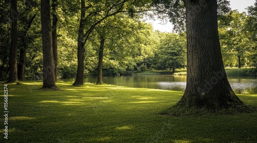 Serene landscape with lush trees reflecting in a tranquil pond under warm sunlight in a peaceful outdoor setting.