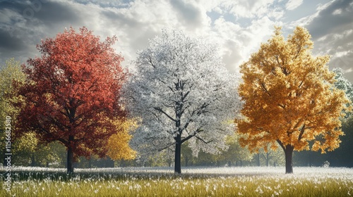 Seasonal transformation of trees showcasing vibrant colors from spring blossoms to autumn foliage in a picturesque landscape.