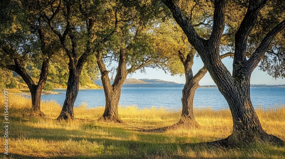 Trees framing a serene bay view with golden light filtering through leaves and a tranquil shoreline in the background Trees framing a serene bay view with golden light filtering through leaves and a tranquil shoreline in the background