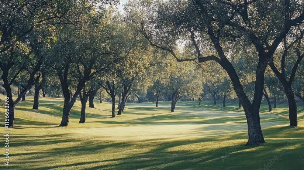 Naklejka premium Lush trees casting shadows on a well-manicured golf course creating a serene and inviting outdoor landscape scene