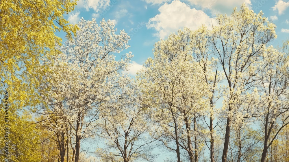 Blossoming trees under a blue sky in spring showcasing the beauty of nature and the vibrancy of seasonal changes. Blossoming trees under a blue sky in spring showcasing the beauty of nature and the vibrancy of seasonal changes.