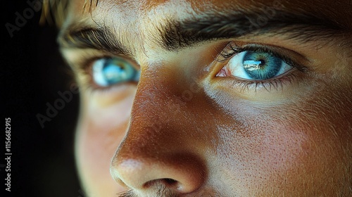 Close-up of a young man's face, highlighting his intense blue eyes and facial features.