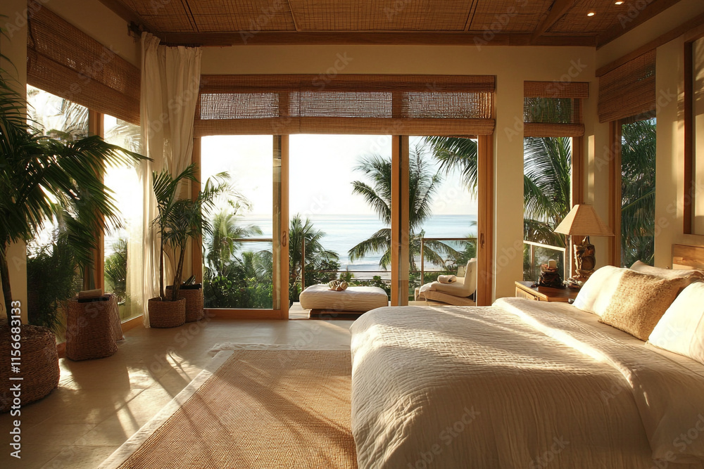 Ocean view bedroom with natural light and tropical decor in a resort. Ocean view bedroom with natural light and tropical decor in a resort.