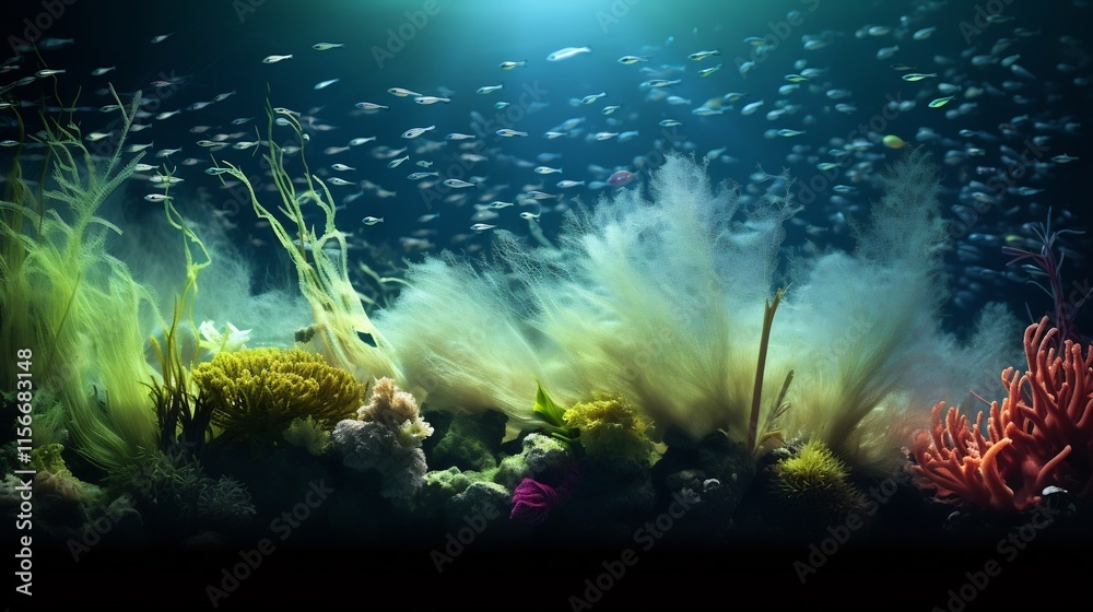 Fototapeta premium Captivating Dynamics of Phytoplankton in Cinematic Mixed Layer Lighting An visualization of the intricate underwater world of microscopic marine life and its response to environmental changes