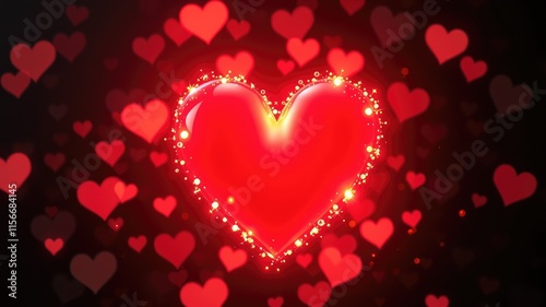 Red heart background, Glowing Heart with Sparkling Light Particles