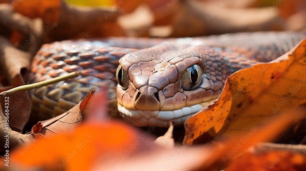 Obraz premium A venomous Copperhead snake blending seamlessly into a carpet of fallen autumn leaves nearly indistinguishable from its natural surroundings due to its exceptional camouflage