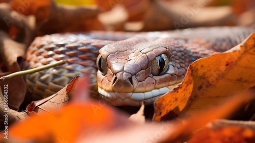 A venomous Copperhead snake blending seamlessly into a carpet of fallen autumn leaves nearly indistinguishable from its natural surroundings due to its exceptional camouflage