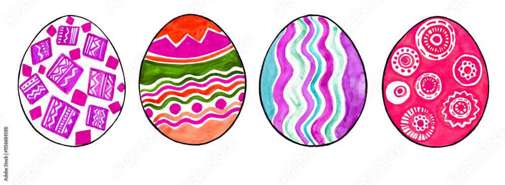 Set of Easter eggs filled with different ornaments in different colors. Isolated on white background. Watercolor drawing, black outline. Geometric ornament. Lines, rhombuses, zigzags, waves, circles.