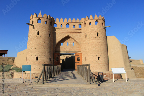 The historical city of Otrar was destroyed by the Mongol ruler Genghis Khan. Walls and entrance gate of Otrar Castle. photo