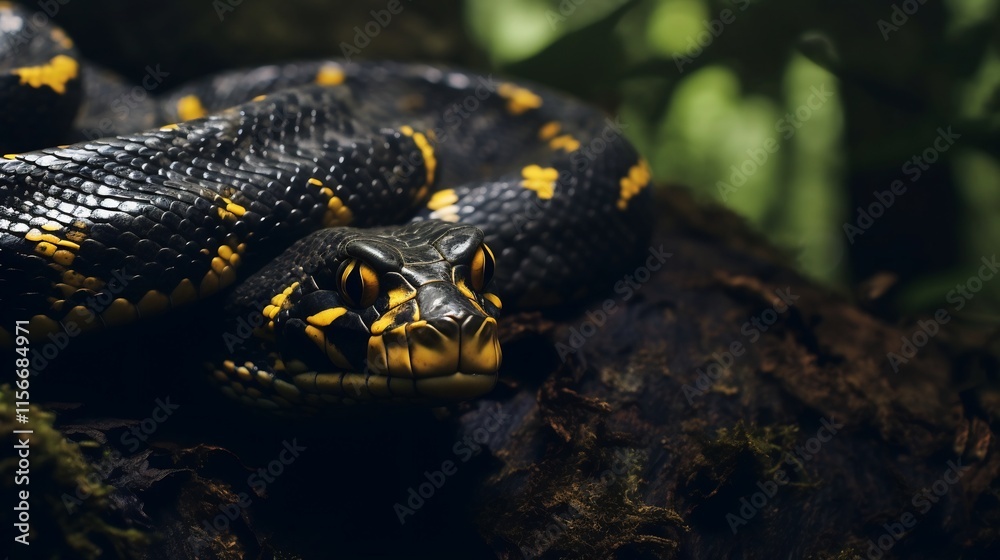Coiled mangrove snake resting and hiding on twisted tree roots in a lush swampy forest environment Tropical endangered species concealed within the dense Coiled mangrove snake resting and hiding on twisted tree roots in a lush swampy forest environment Tropical endangered species concealed within the dense