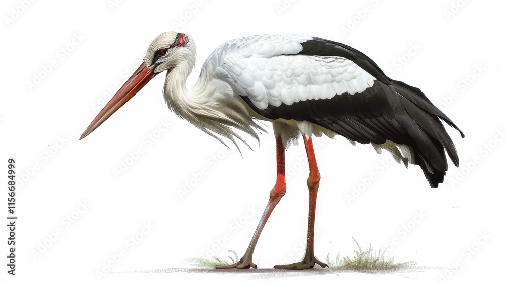 Fototapeta premium A detailed illustration of a stork standing on grass.