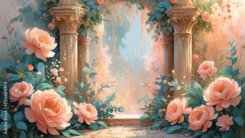 Aquarelle décor romantique avec fleurs et élément architectural avec colonnes photo