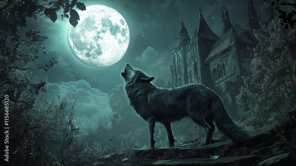 Wolf howling at full moon near gothic castle. Wolf howling at full moon near gothic castle.