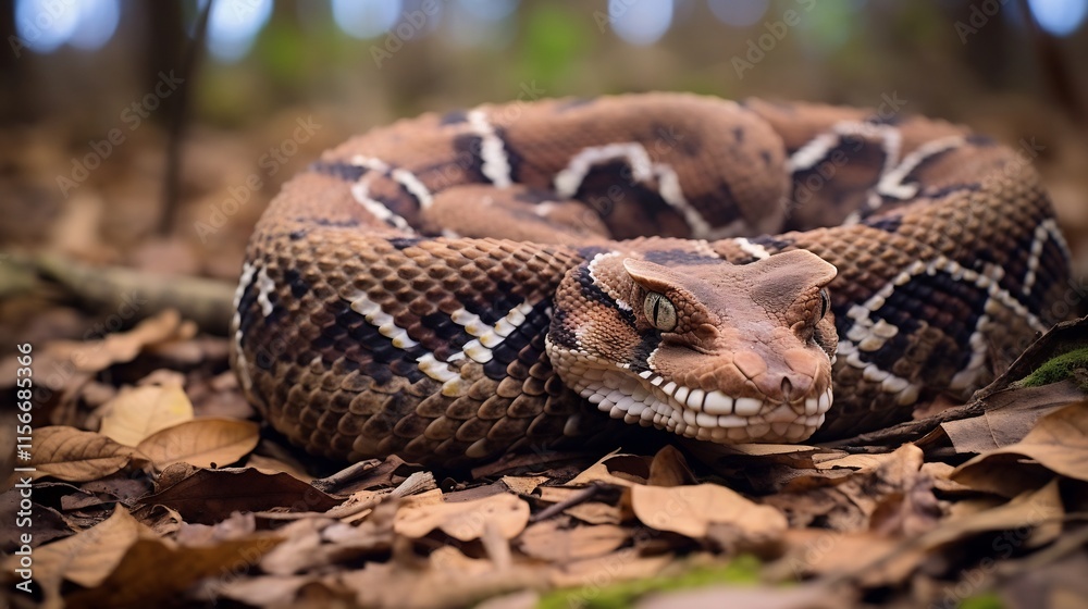 Fototapeta premium Closeup of a Gaboon Viper s Intricate Scale Patterns as it Rests Camouflaged on the Lush Forest Floor a Venomous and Dangerous Reptile in its Natural Habitat