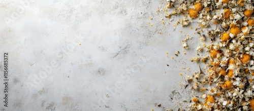 Fresh and dried chamomile flowers arranged on a clean surface with space for text and design elements in a natural setting.