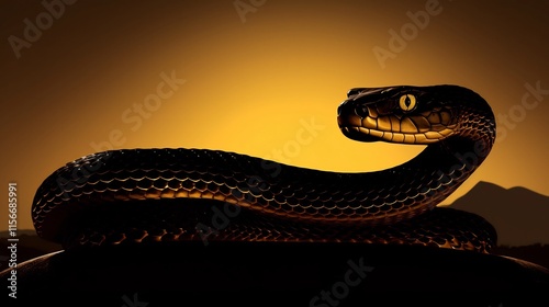 Majestic cobra silhouetted against the glowing dramatic horizon in a powerful predatory pose showcasing the snake s raw strength and deadly beauty in the wild photo