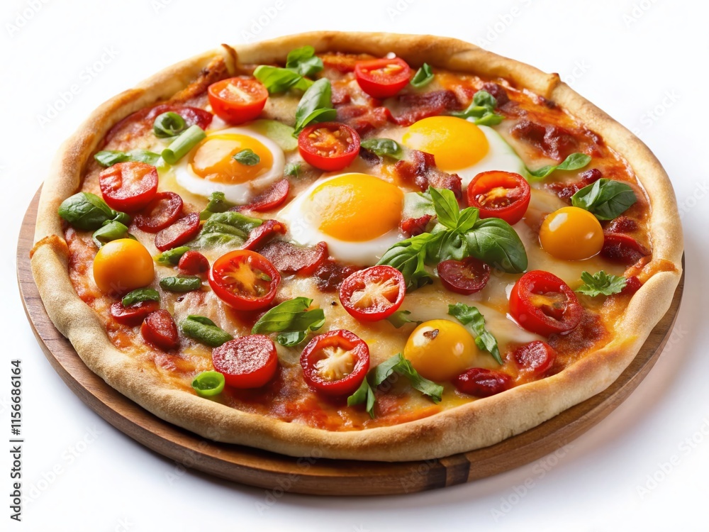 Savory breakfast pizza, a delicious morning treat. Savory breakfast pizza, a delicious morning treat.