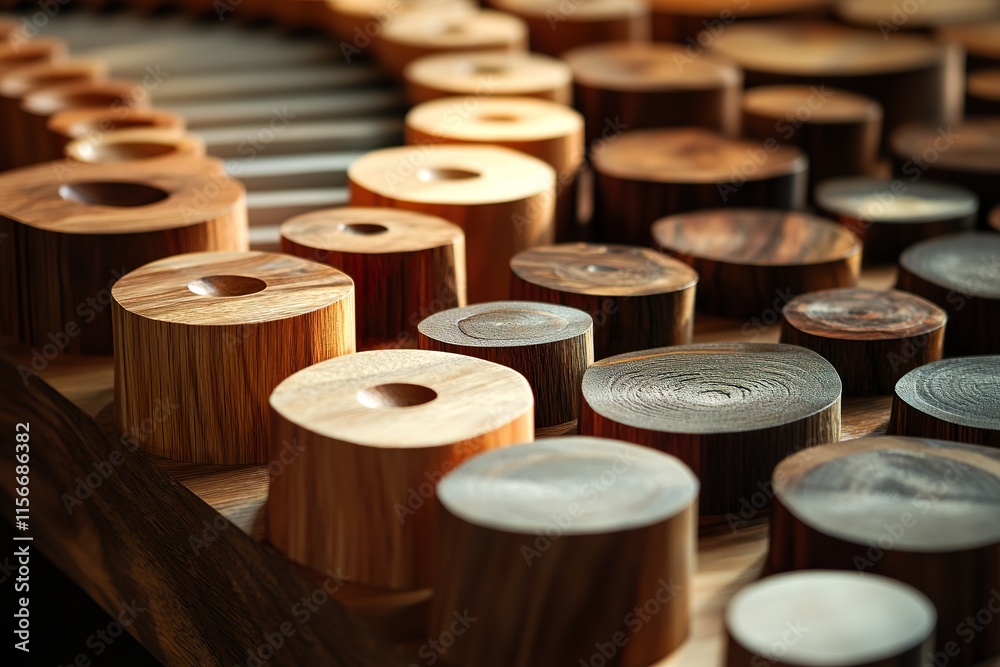 Wooden Cylinders Arranged In Rows Displaying Varying Grain Patterns Wooden Cylinders Arranged In Rows Displaying Varying Grain Patterns
