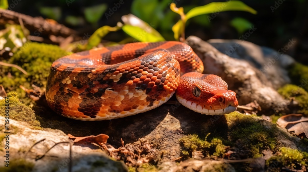 Fototapeta premium Striking Red tailed Boa Coiled Loosely Amid Dappled Sunlight in Lush Tropical Forest Setting