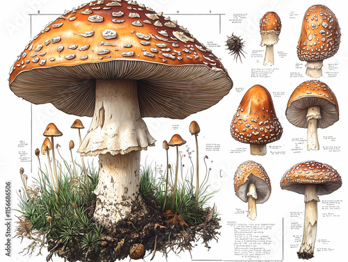 Illustration of various mushroom species showcasing their unique features and characteristics in a detailed botanical study
