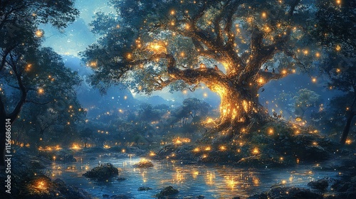A magical scene featuring a glowing tree surrounded by sparkling lights and a serene water body.