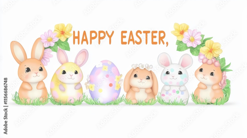 Obraz premium Happy Easter Celebration with Cute Bunnies and Colorful Eggs