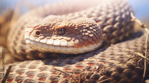 Western hognose snake lifting its head in a defensive display on dry desert like terrain  The reptile is showcasing its unique characteristics and natural behaviors in its natural habitat photo