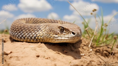 Closeup of a Western Hognose Snake Lifting Its Head in a Defensive Posture on Dry Rugged Terrain  The Snake s Distinctive Scales and Patterning Blend Seamlessly with the Arid Environment photo