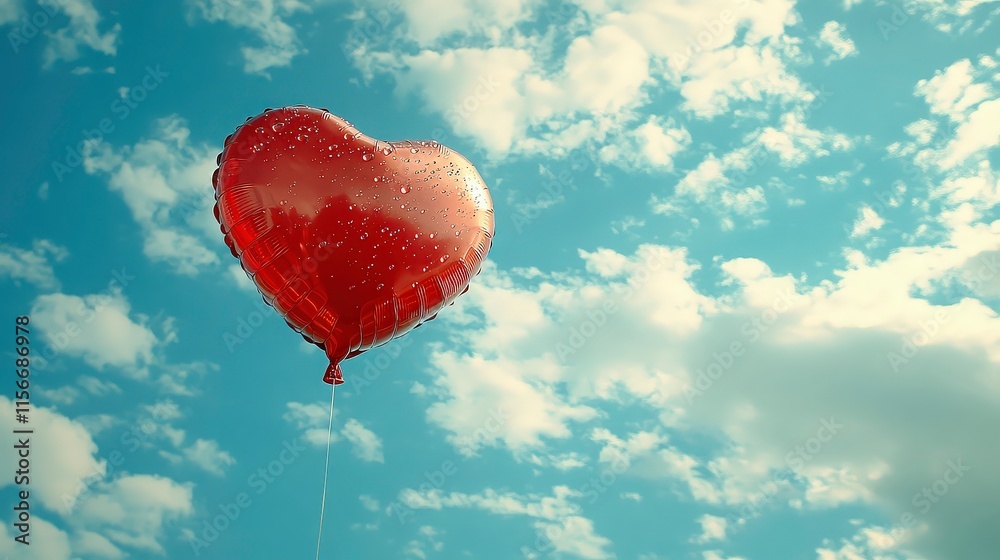 Fototapeta premium Heart-Shaped Balloon Soaring Against a Bright Blue Sky with Soft Clouds and Sunlight, Evoking Feelings of Love, Freedom, and Joyful Celebration in a Vibrant Atmosphere