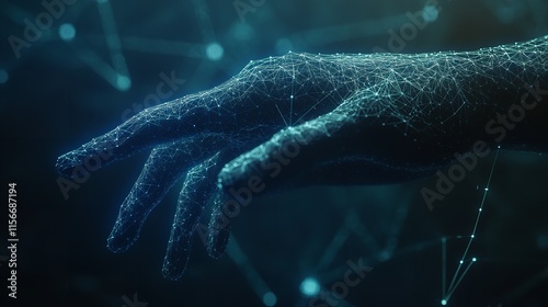 Abstract Digital Human Hand Touching on Glowing Dot. Low Poly Background

 photo