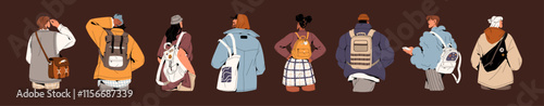Diverse people carry backpack back view set. Tourists travel with hand luggage. Different men and women hold bags, baggage, knapsacks, rucksacks on shoulder. Flat isolated vector illustrations