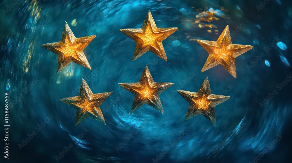 Six glowing stars float on a dark blue swirling background.