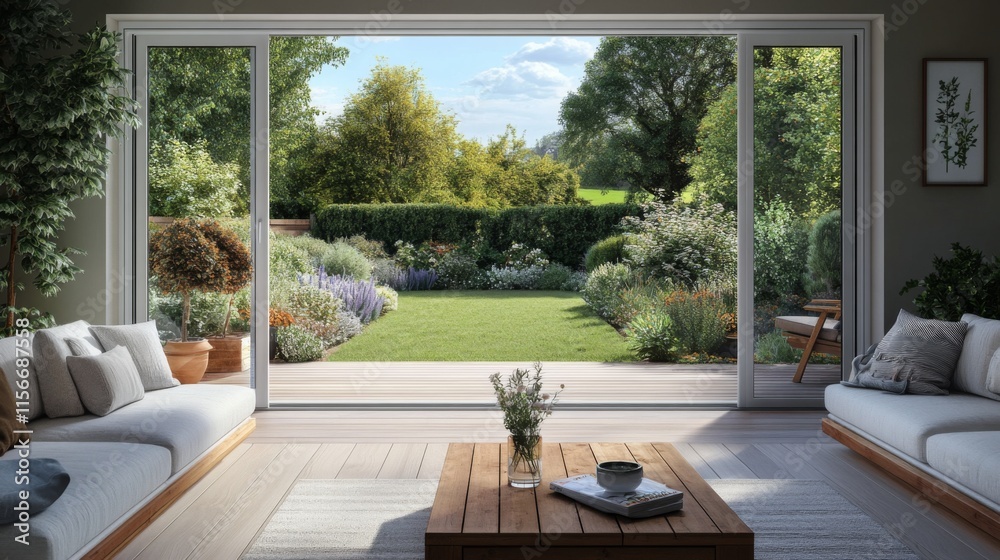 Modern Living Room with Sliding Glass Door Leading Beautiful garden and patio Modern Living Room with Sliding Glass Door Leading Beautiful garden and patio