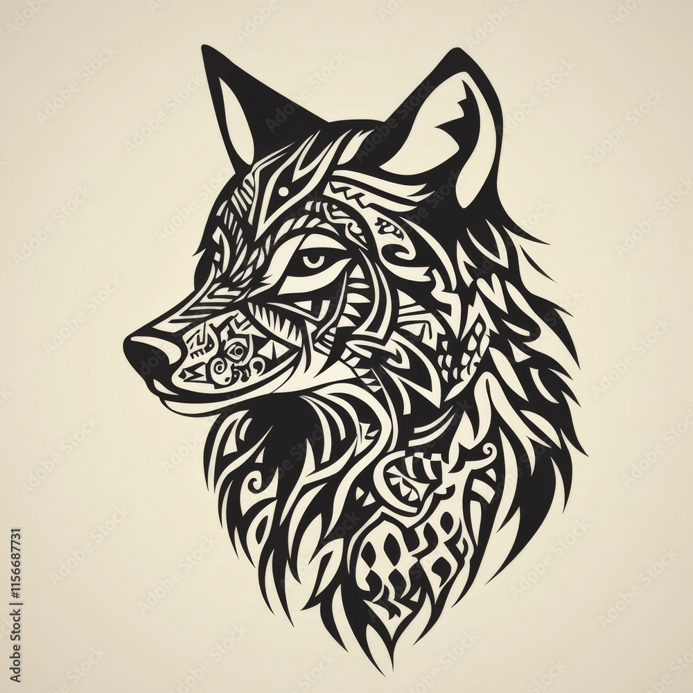 Obraz premium Ornate wolf head design, tribal style, black and white.