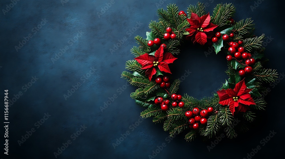 Christmas wreath with poinsettias and holly berries on dark blue background. Christmas wreath with poinsettias and holly berries on dark blue background.