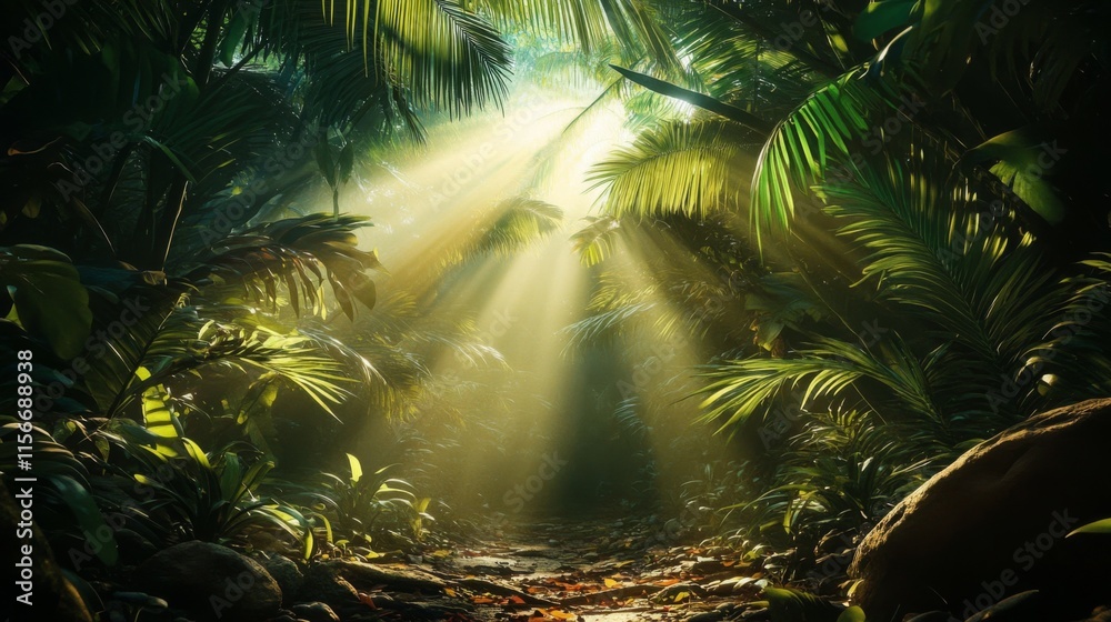 Naklejka premium Tropical Forest Landscape with Sunlight Through Lush Greenery Beautiful magical palm, fabulous