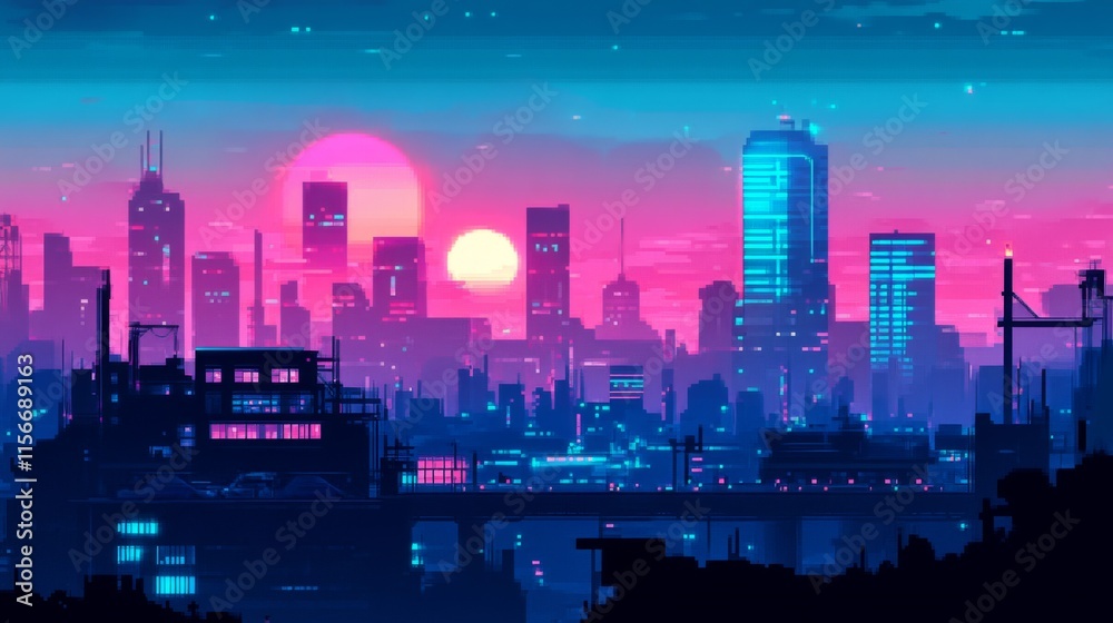 Fototapeta premium Pixel art city skyline at sunset with pink and blue hues.