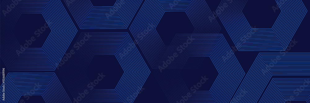 Digital abstract background with hexagon lines on blue background. Futuristic digital network line art design for poster, flyer, cover, website, banner